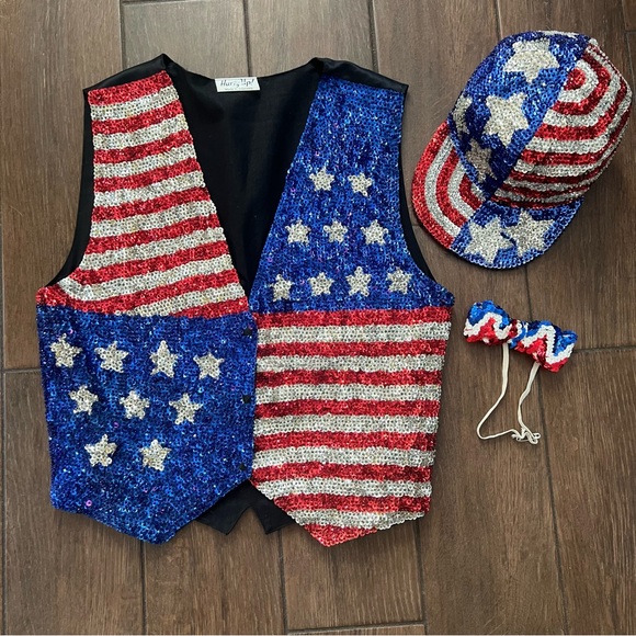 Unique Vintage Jackets & Blazers - Vintage Sequin Americana Vest set with Cap and Bowtie sz 36 Stars and Stripes